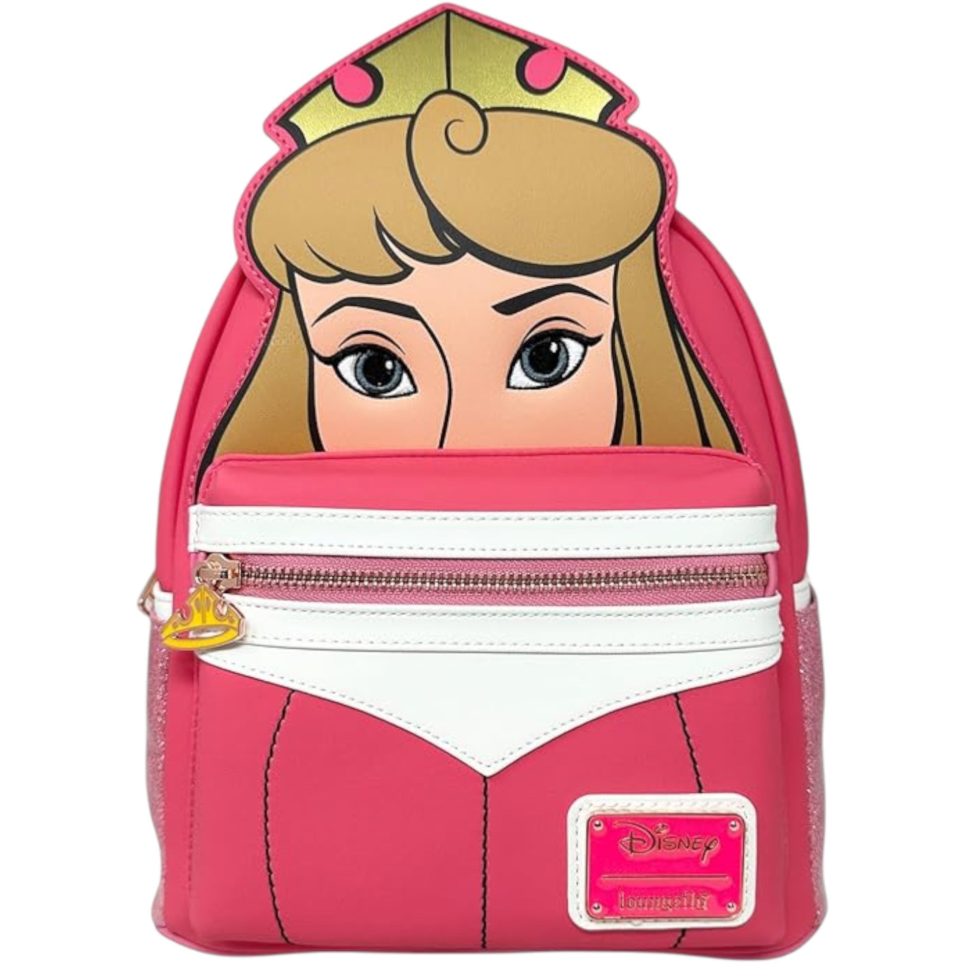 Pink Sleeping Beauty Aurora Mini Backpack with an Aurora character design on a white background