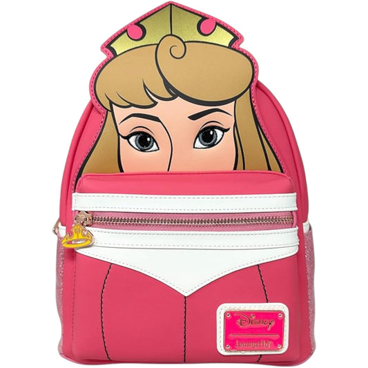 Pink Sleeping Beauty Aurora Mini Backpack with an Aurora character design on a white background