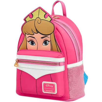 Pink Sleeping Beauty Aurora Mini Backpack with an Aurora character design on a white background