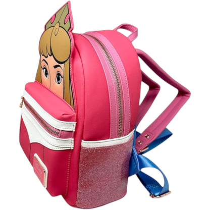 Pink Sleeping Beauty Aurora Mini Backpack with an Aurora character design on a white background