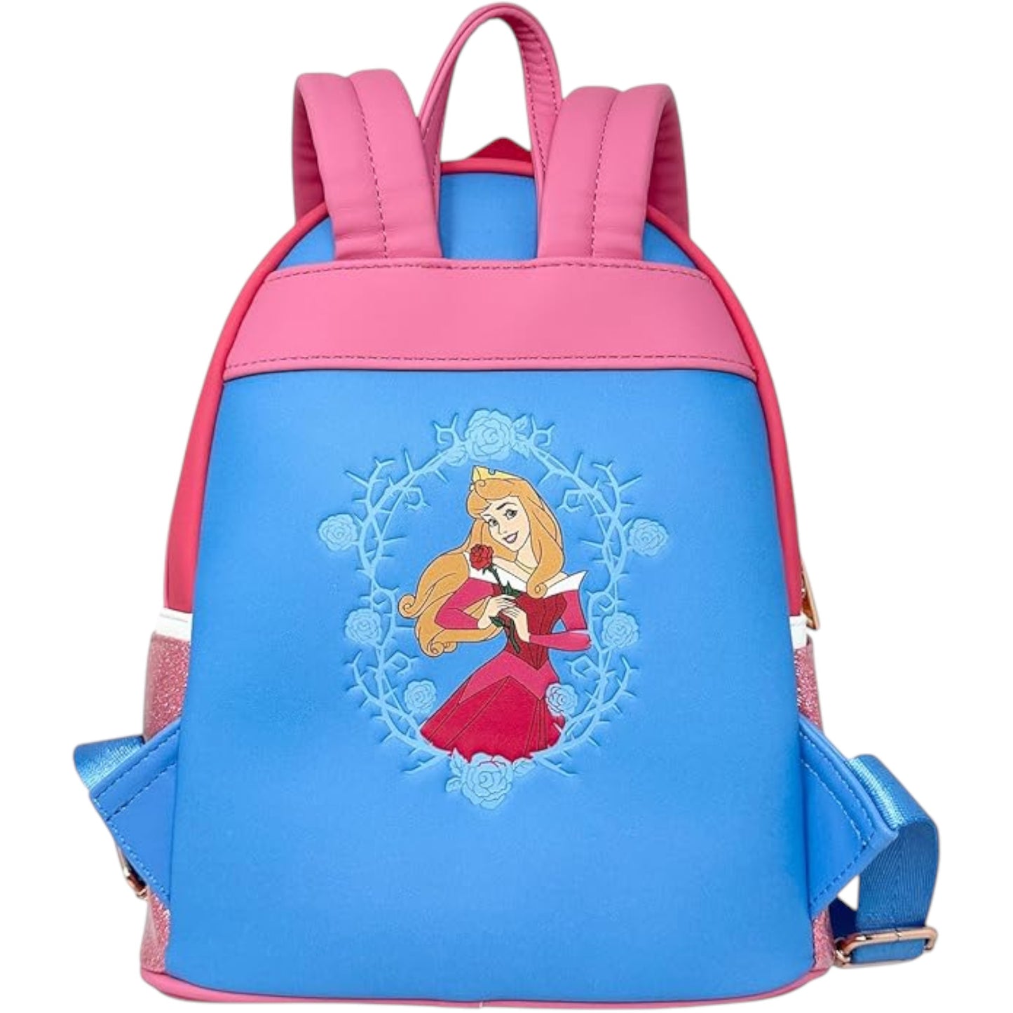 Pink Sleeping Beauty Aurora Mini Backpack with an Aurora character design on a white background 