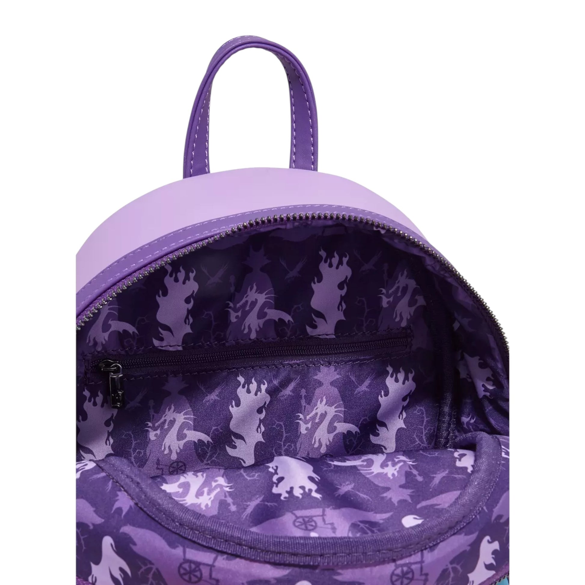 Purple backpack with a flame patterned interior on a white background