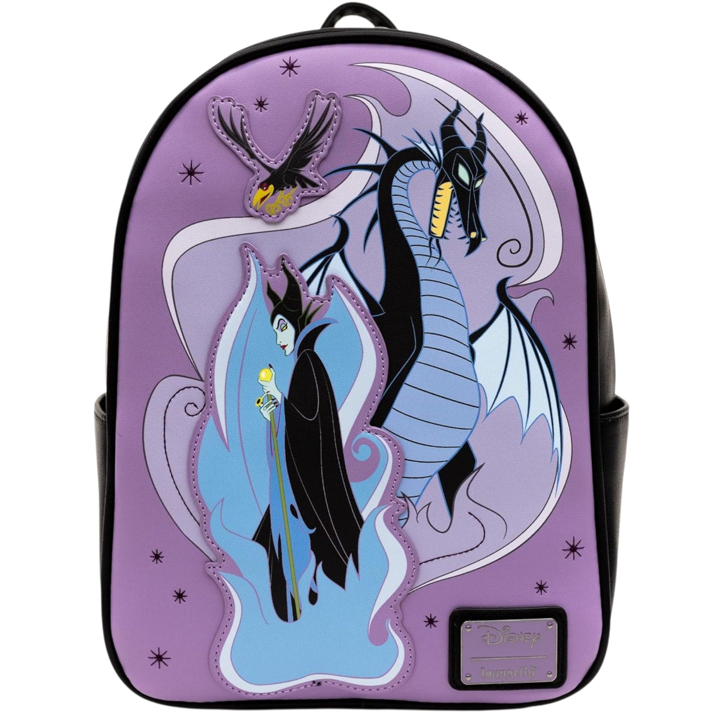 Purple Loungefly Disney Sleeping Beauty Maleficent Transformation Mini Backpack with Maleficent, Diablo, and dragon character designs on a white  background