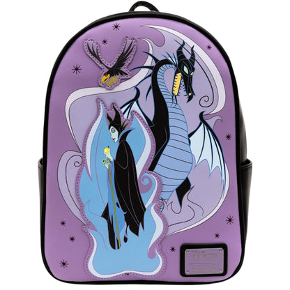 Purple Loungefly Disney Sleeping Beauty Maleficent Transformation Mini Backpack with Maleficent, Diablo, and dragon character designs on a white  background