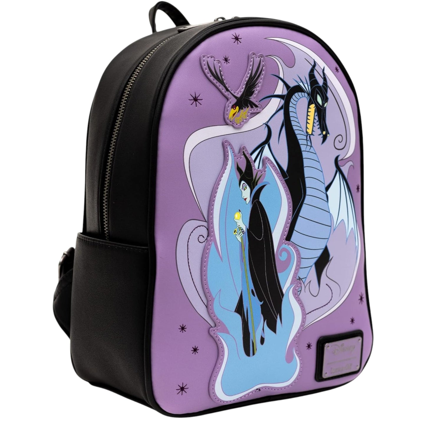 Purple Loungefly Disney Sleeping Beauty Maleficent Transformation Mini Backpack with Maleficent, Diablo, and dragon character designs on a white  background