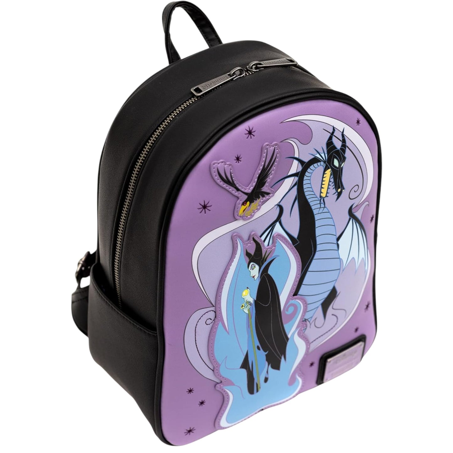 Purple Loungefly Disney Sleeping Beauty Maleficent Transformation Mini Backpack with Maleficent, Diablo, and dragon character designs on a white  background