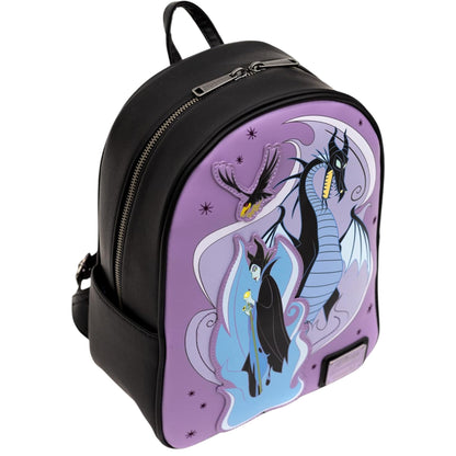 Purple Loungefly Disney Sleeping Beauty Maleficent Transformation Mini Backpack with Maleficent, Diablo, and dragon character designs on a white  background