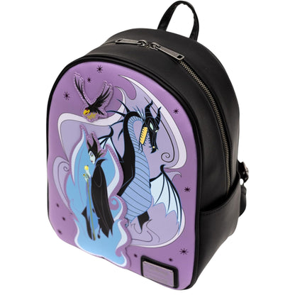 Purple Loungefly Disney Sleeping Beauty Maleficent Transformation Mini Backpack with Maleficent, Diablo, and dragon character designs on a white  background