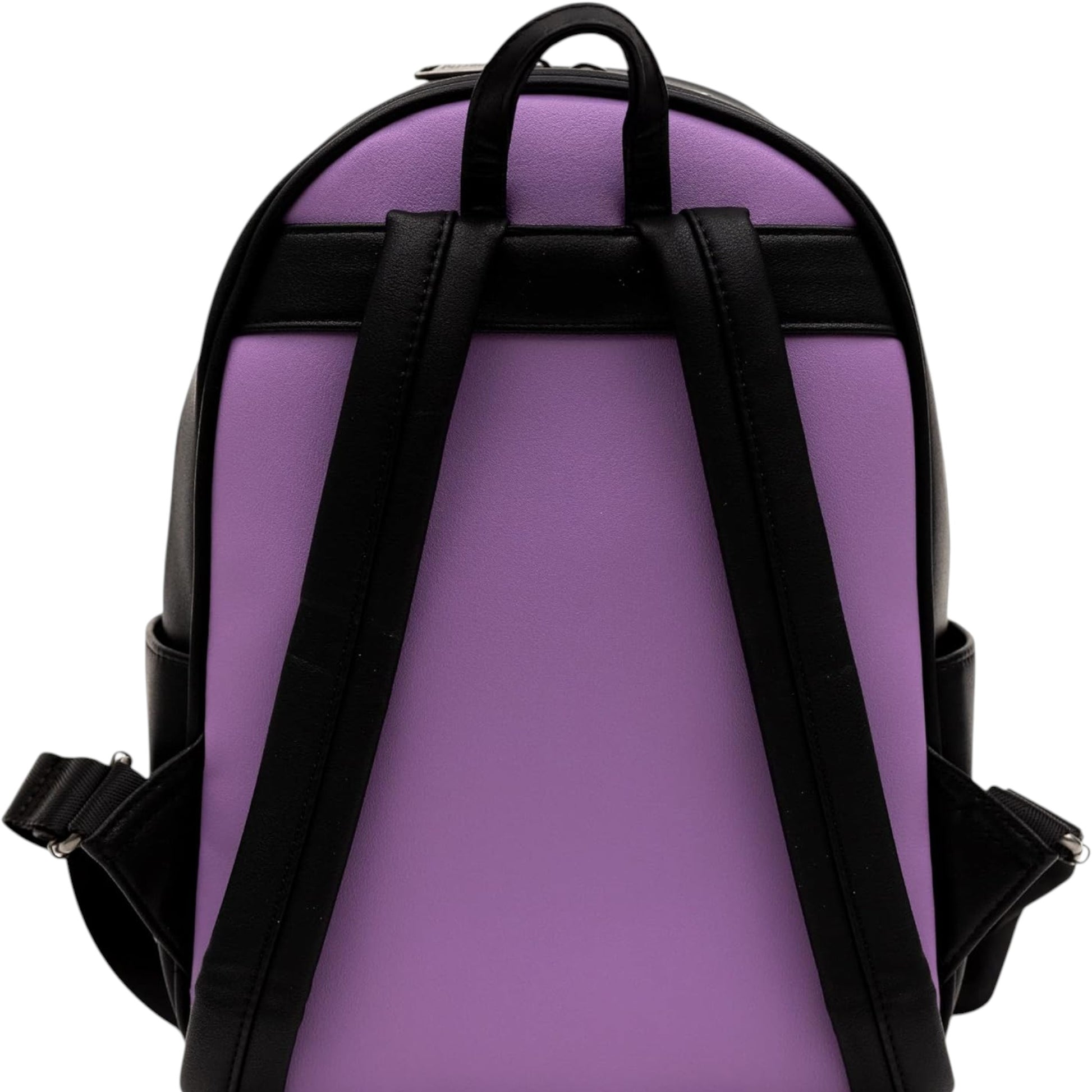 Back of Purple Loungefly Disney Sleeping Beauty Maleficent Transformation Mini Backpack black straps on a white background