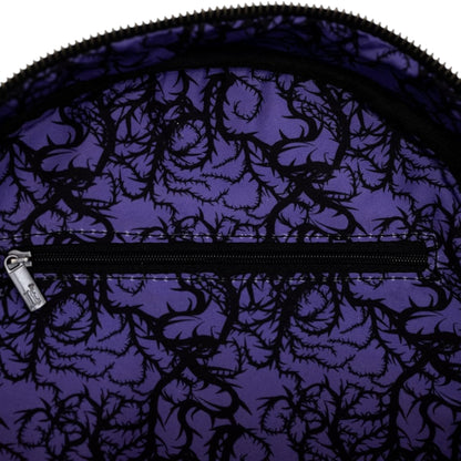 Inside of Purple Loungefly Disney Sleeping Beauty Maleficent Transformation Mini Backpack with purple fabric with black floral pattern and zipper 