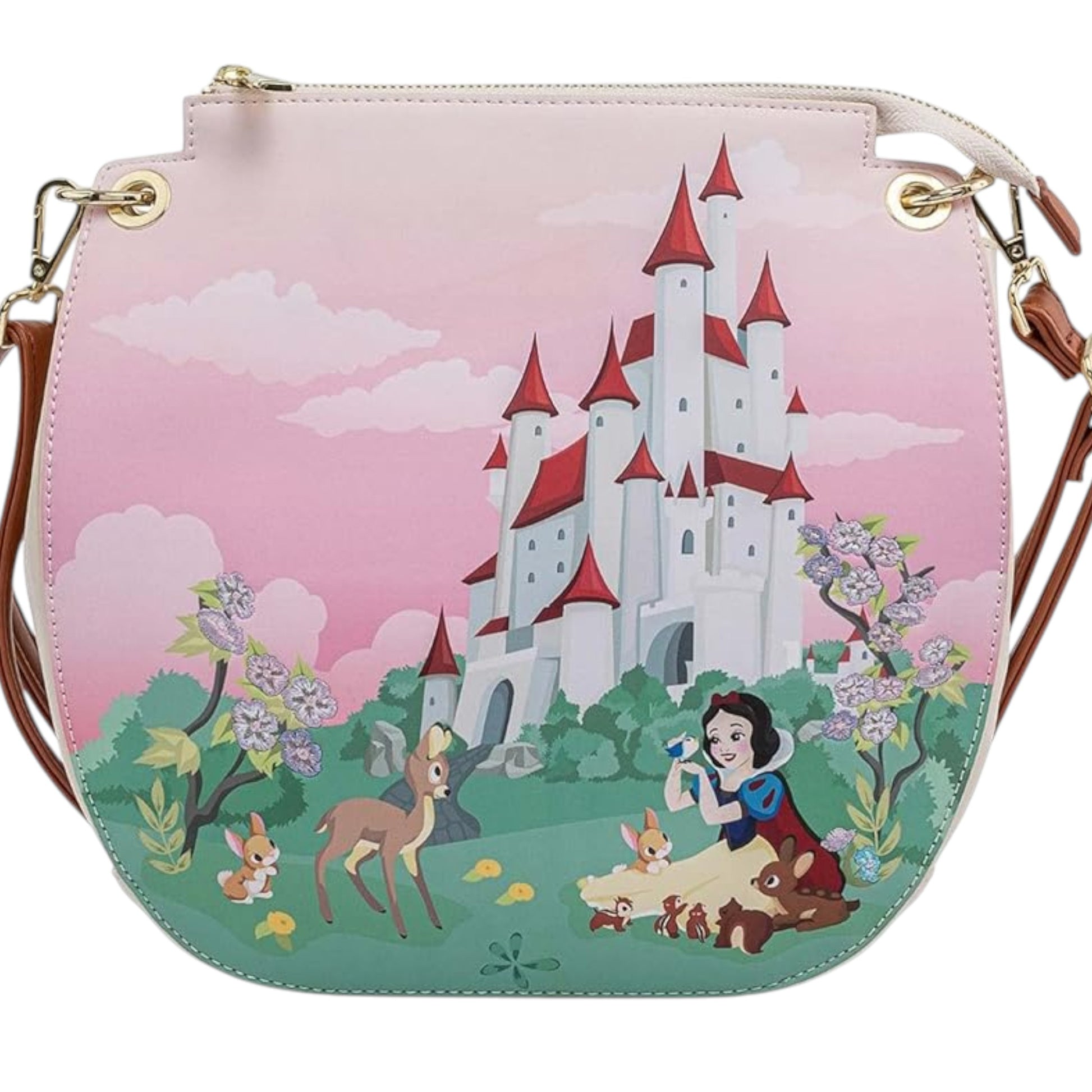 Handbag with Snow White and castle design on a pink background