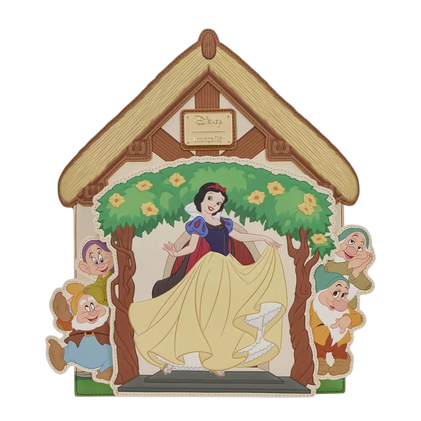 Loungefly Disney Snow White and the Seven Dwarfs Figural Cottage Mini Backpack with Snow White and the Seven Dwarfs Characters standing on the porch of their cottage on a white background