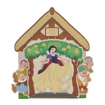 Loungefly Disney Snow White and the Seven Dwarfs Figural Cottage Mini Backpack with Snow White and the Seven Dwarfs Characters standing on the porch of their cottage on a white background