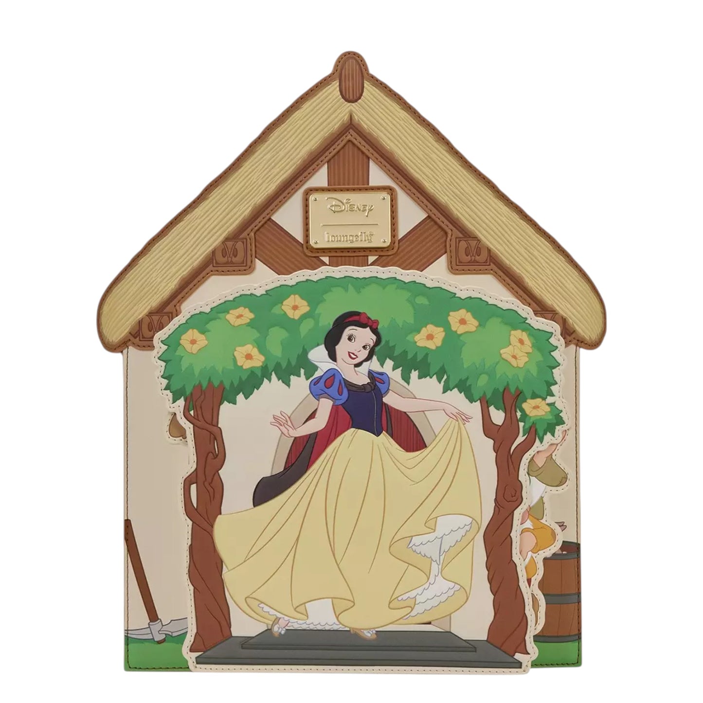 Loungefly Disney Snow White and the Seven Dwarfs Figural Cottage Mini Backpack with Snow White character standing on the porch of their cottage on a white background