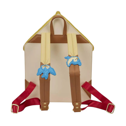 Back of Loungefly Disney Snow White and the Seven Dwarfs Figural Cottage Mini Backpack with brown and beige straps and a bird and a rabbit character on each strap on a white background