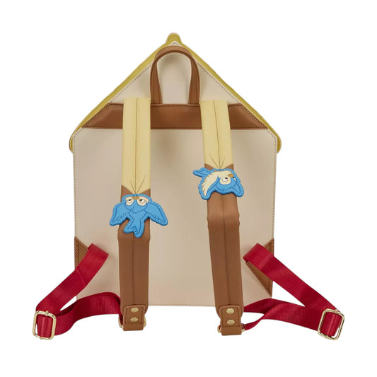 Back of Loungefly Disney Snow White and the Seven Dwarfs Figural Cottage Mini Backpack with brown and beige straps and a bird and a rabbit character on each strap on a white background