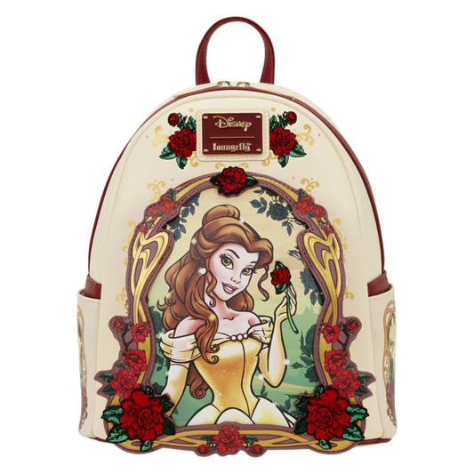 Loungefly Vault Disney Beauty and the Beast Exclusive Belle Floral Mini Backpack with Disney Princess Belle design featuring Belle and roses on a white background