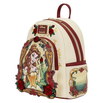 Loungefly Vault Disney Beauty and the Beast Exclusive Belle Floral Mini Backpack with Disney Princess Belle design featuring Belle and roses on a white background.