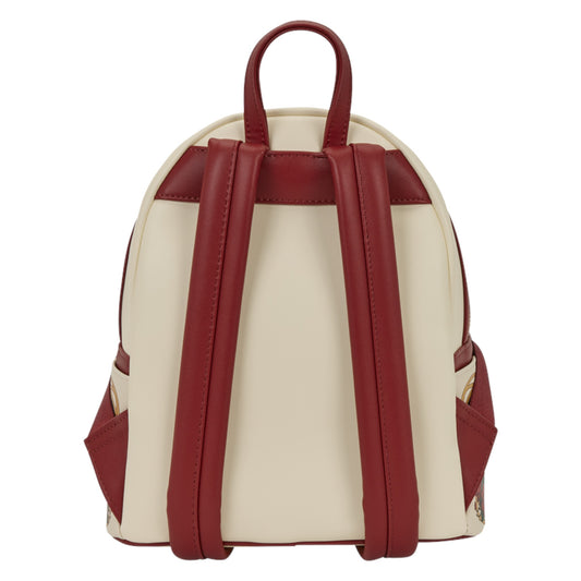 Loungefly Disney Beauty and the Beast Exclusive Belle Floral Mini Backpack with red straps on a white background