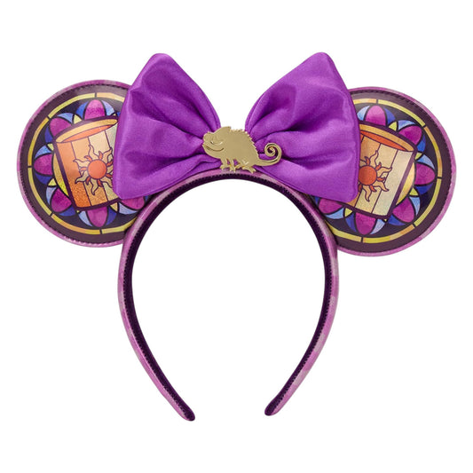 Purple Stained Glass Rapunzel Ears with a bow and chameleon design on a white background