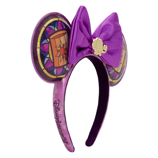 Purple Stained Glass Rapunzel Ears with a bow and stained glass design on a white background