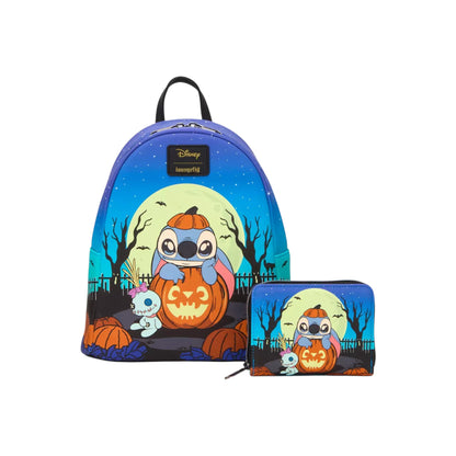 Loungefly Disney Stitch Pumpkin Glow In The Dark Mini Backpack and Wallet Bundle