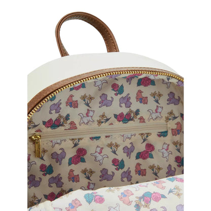 Backpack with a colorful pattern of cats and flowers on a beige background