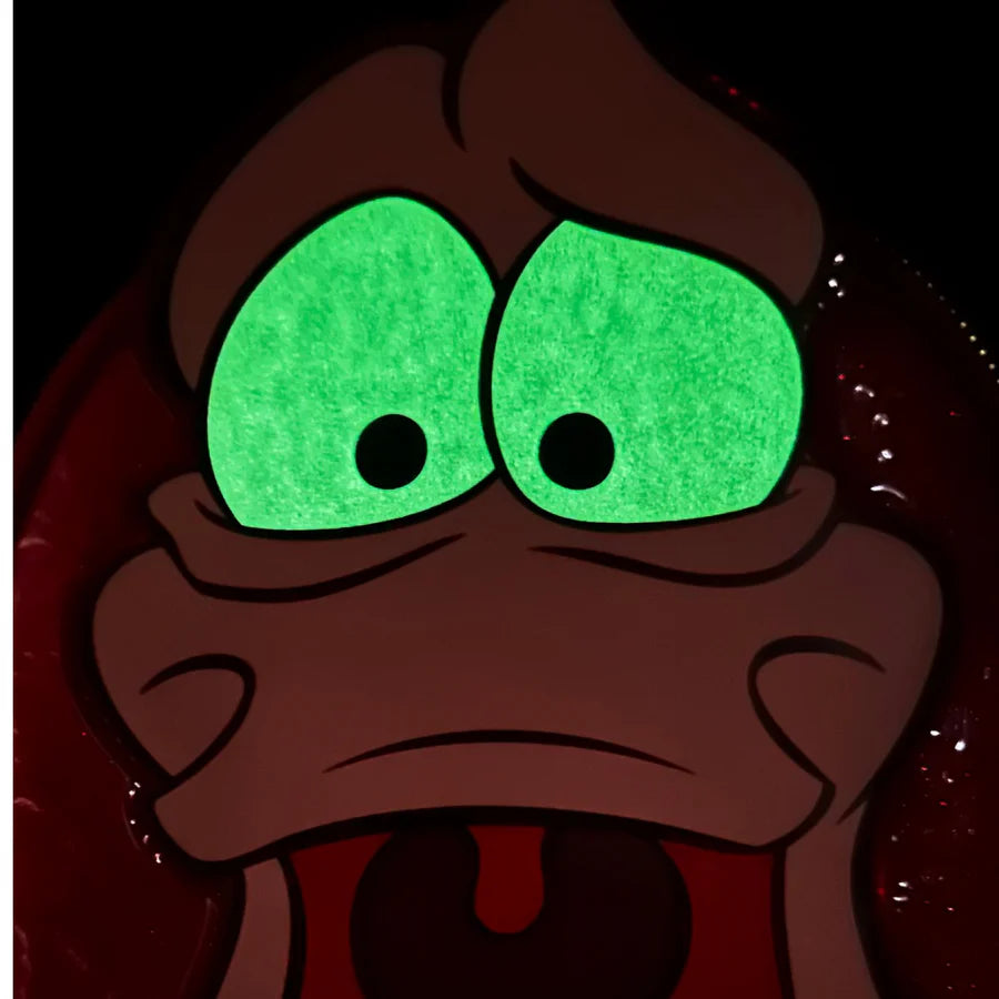 The Little Mermaid Sebastian Metallic  character with glowing green eyes and a surprised expression on a dark background