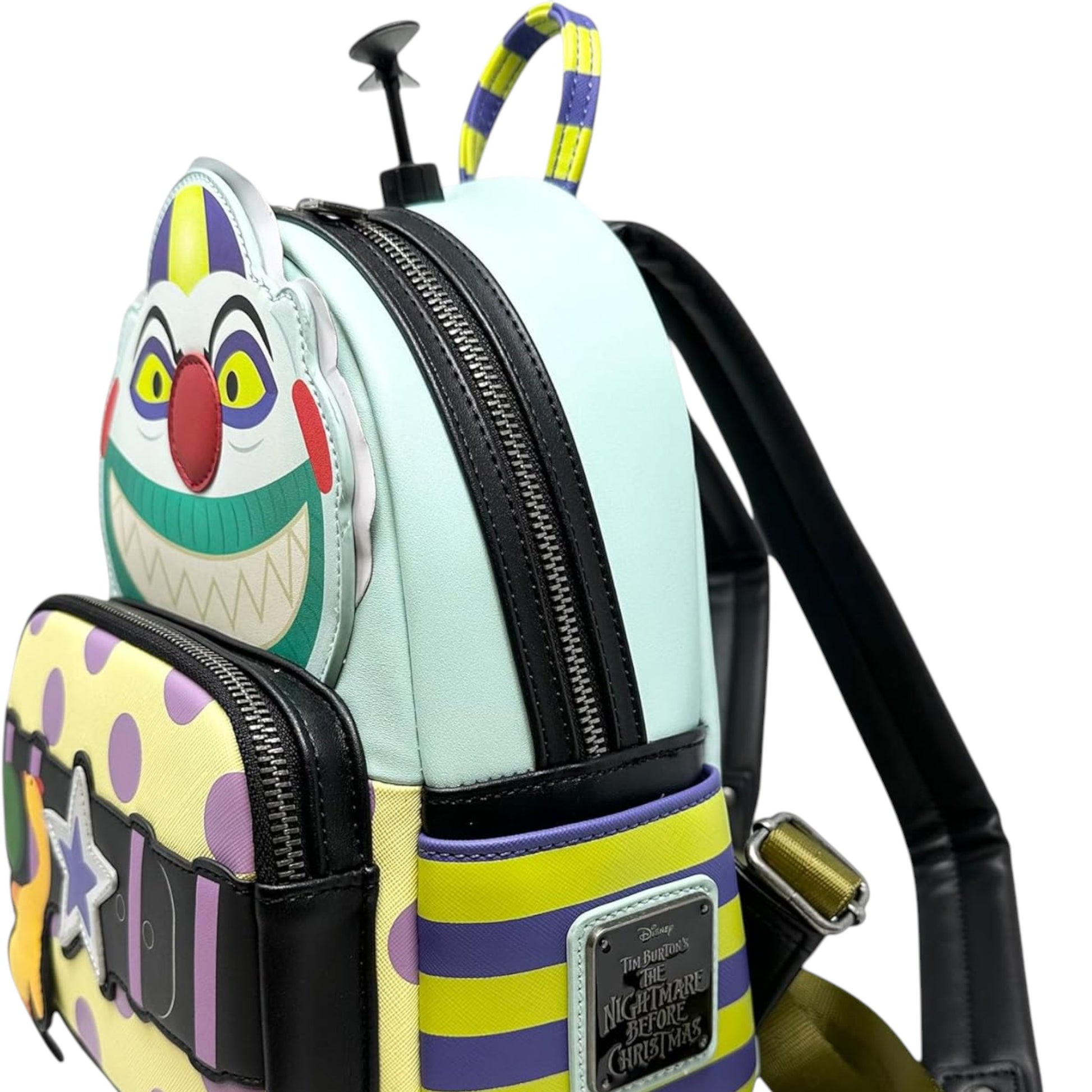 Loungefly Disney The Nightmare Before Christmas Clown Cosplay Mini Backpack with clown character face and a black belt with purple stripes on a white background