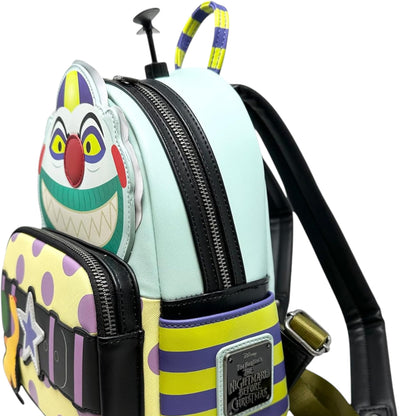 Loungefly Disney The Nightmare Before Christmas Clown Cosplay Mini Backpack with clown character face and a black belt with purple stripes on a white background