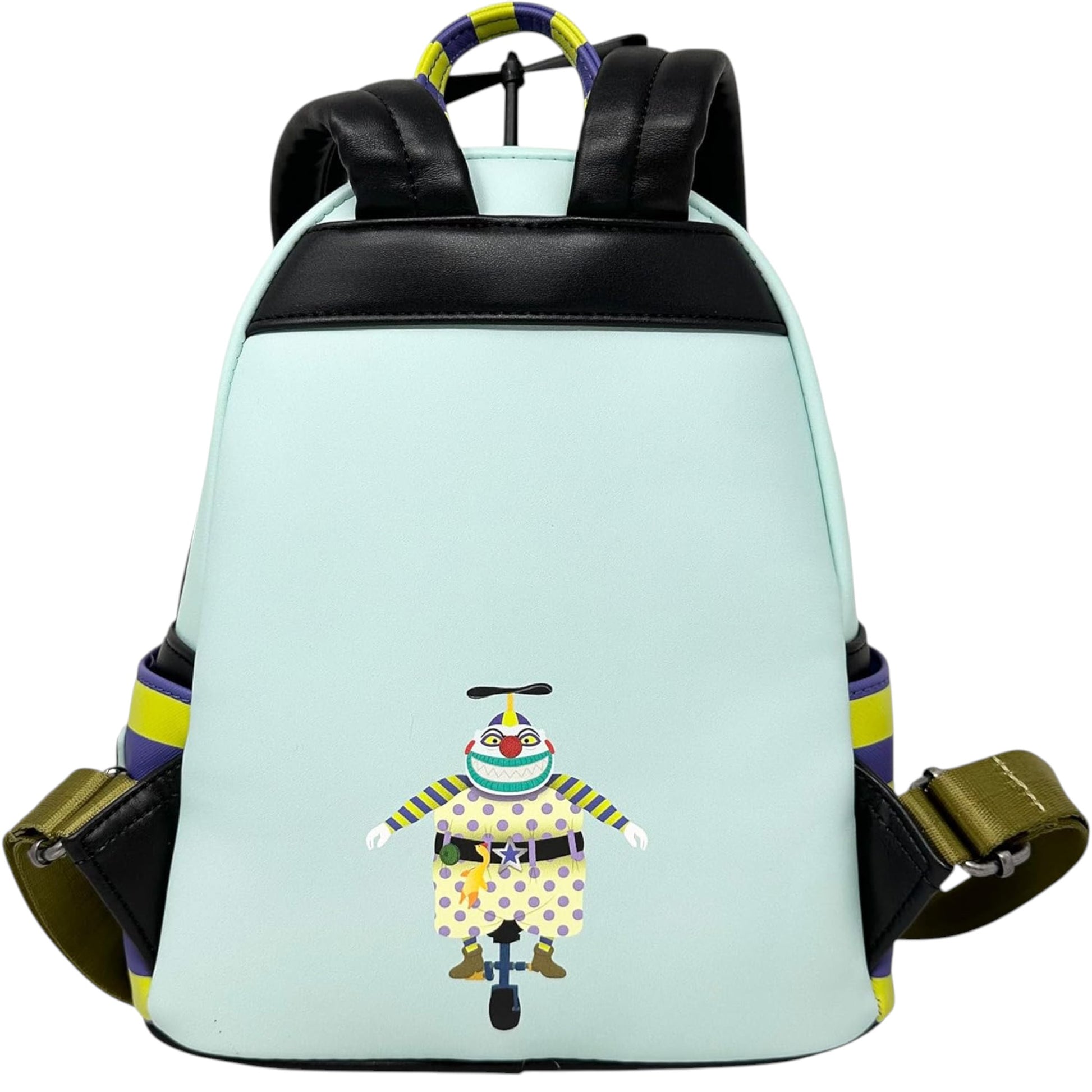 Back of Loungefly Disney The Nightmare Before Christmas Clown Cosplay Mini Backpack with clown character sitting on a unicycle on a white background