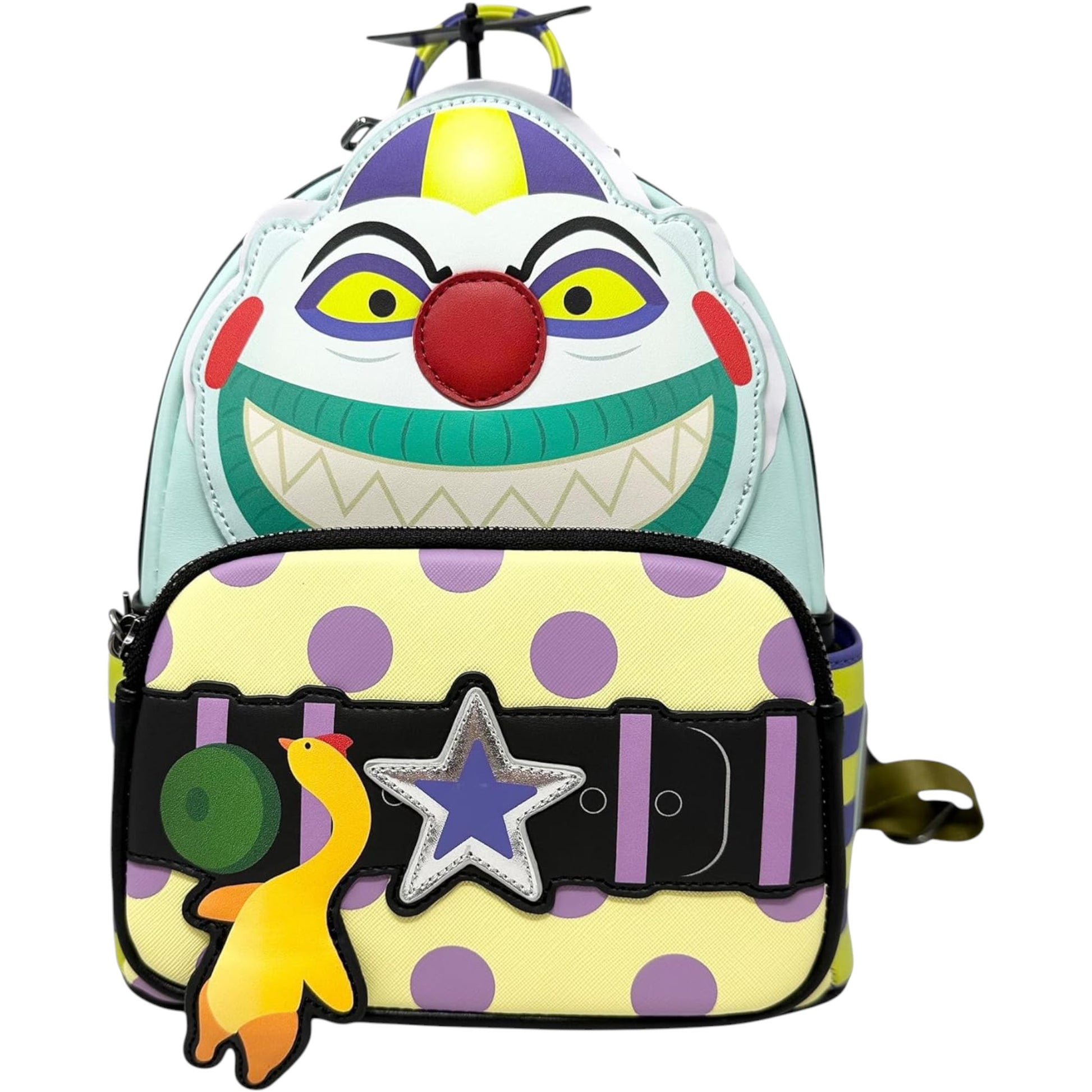 Loungefly Disney The Nightmare Before Christmas Clown Cosplay Mini Backpack with clown character face and a black belt with purple stripes on a white background