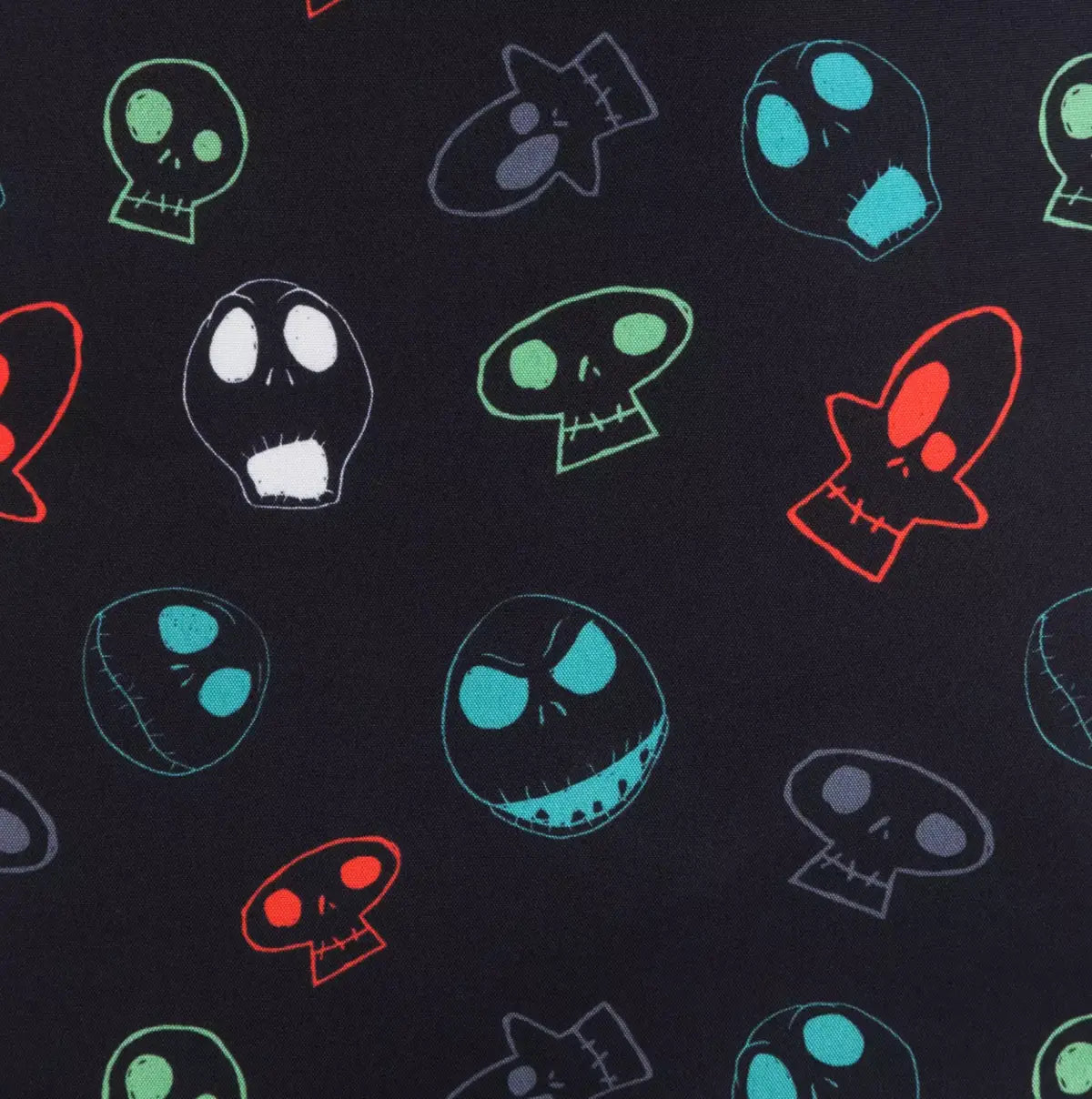Loungefly Disney The Nightmare Before Christmas Jack & Zero Lenticular Mini Backpack inside Pattern of colorful skull character heads on a black background