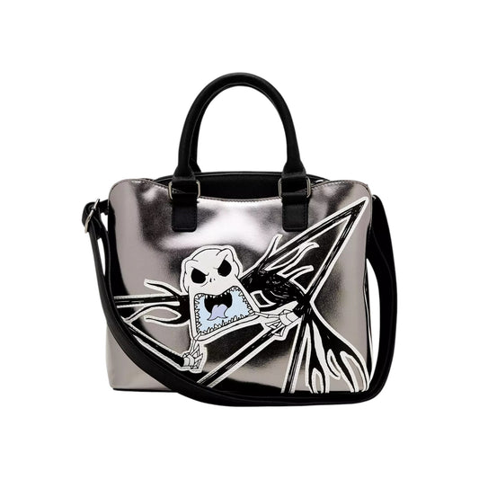 Silver Loungefly Disney The Nightmare Before Christmas Metallic Jack Skellington Crossbody Tote Bag with a Jack Skellington character design on a white background