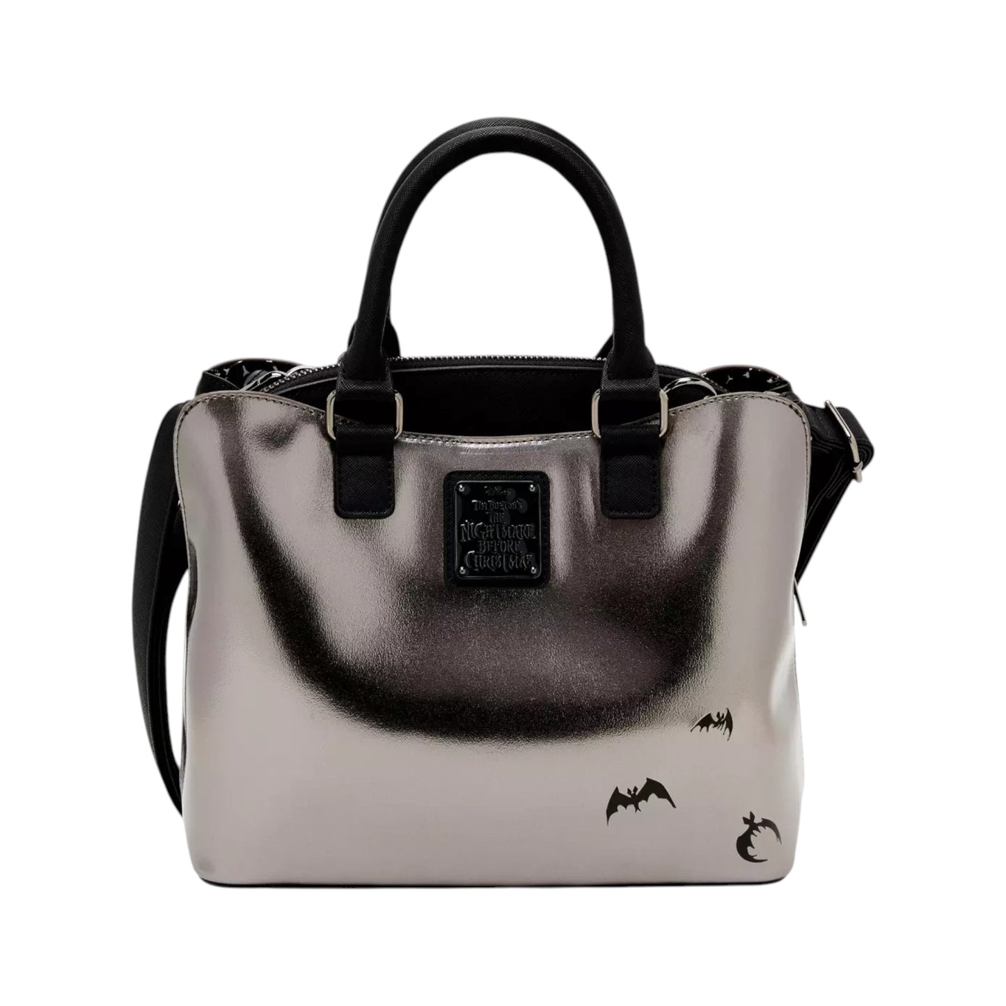 Back of Silver Loungefly Disney The Nightmare Before Christmas Metallic Jack Skellington Crossbody Tote Bag with a Jack Skellington character design with black accents and a visible brand logo on a white background