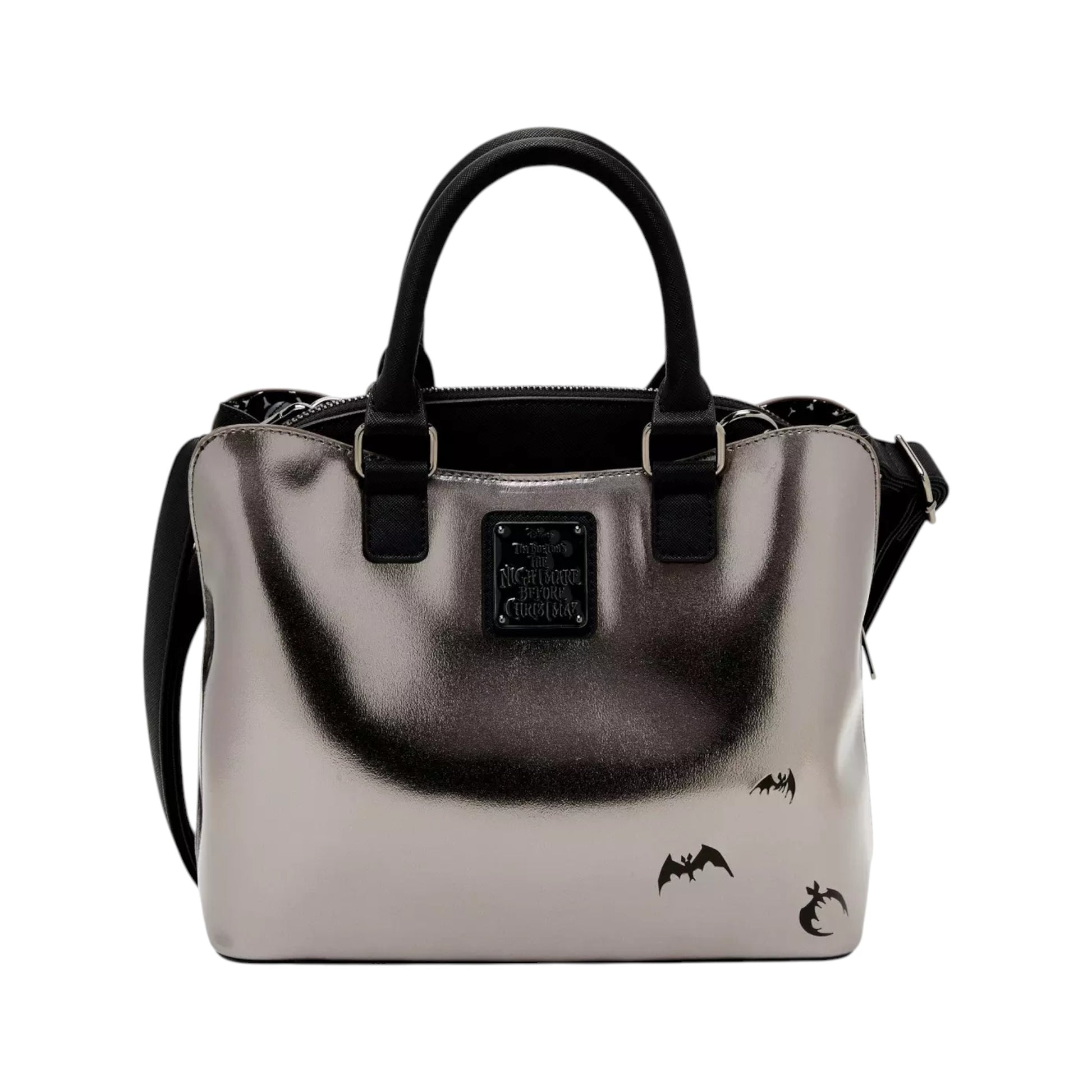 Back of Silver Loungefly Disney The Nightmare Before Christmas Metallic Jack Skellington Crossbody Tote Bag with a Jack Skellington character design with black accents and a visible brand logo on a white background