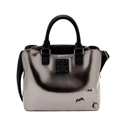 Back of Silver Loungefly Disney The Nightmare Before Christmas Metallic Jack Skellington Crossbody Tote Bag with a Jack Skellington character design with black accents and a visible brand logo on a white background