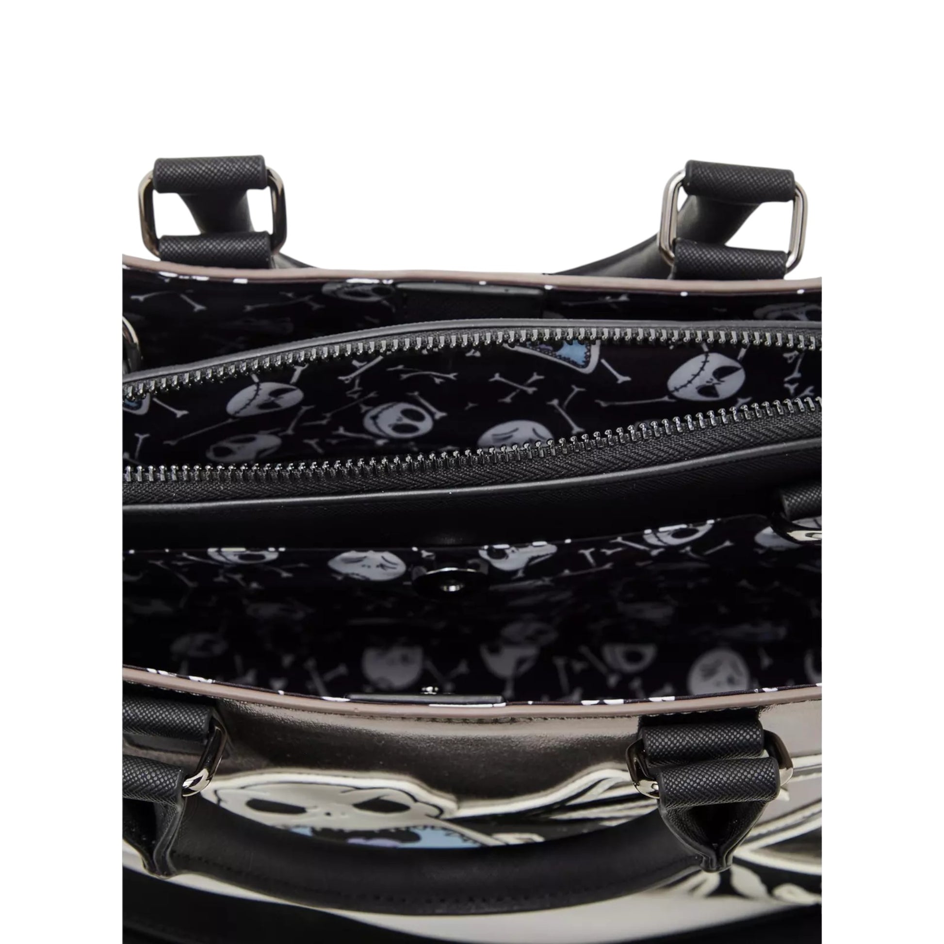Inside of Loungefly Disney The Nightmare Before Christmas Metallic Jack Skellington Crossbody Tote Bag with a Jack Skellington character design  with skull pattern on a white background