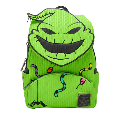 Loungefly Disney The Nightmare Before Christmas Oogie Boogie Glow Mini Backpack with Oogie Boogie face design and small worms crawling on a white background