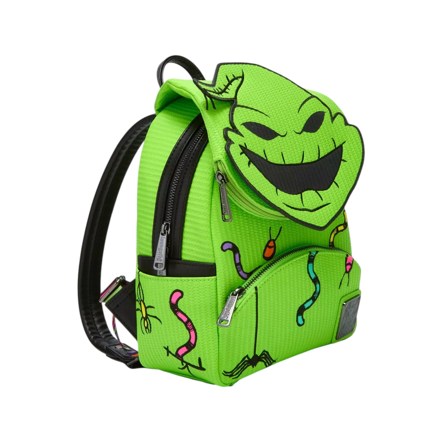 Loungefly Disney The Nightmare Before Christmas Oogie Boogie Glow Mini Backpack with Oogie Boogie face design and small worms crawling on a white background