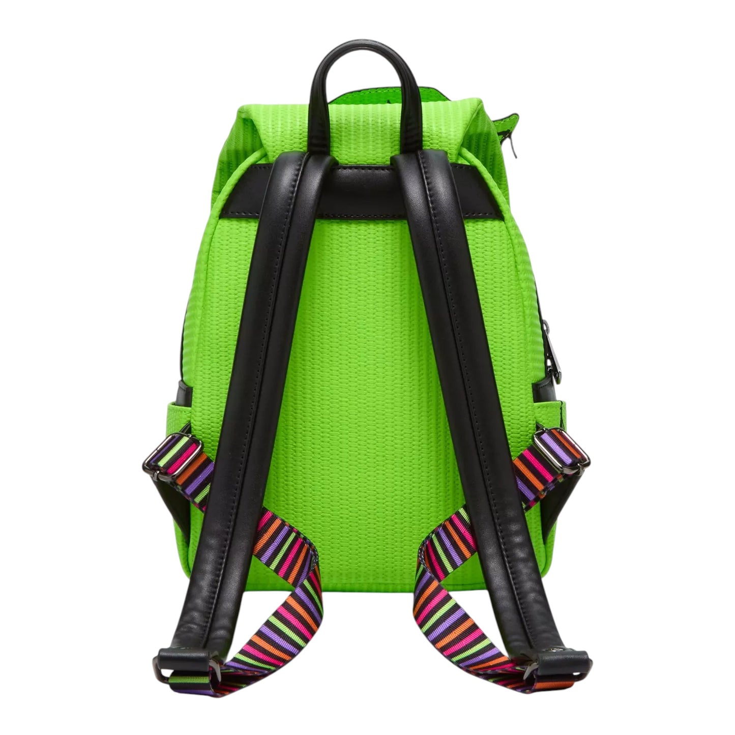 Back of Loungefly Disney The Nightmare Before Christmas Oogie Boogie Glow Mini Backpack with black straps and colorful striped ends on a white background