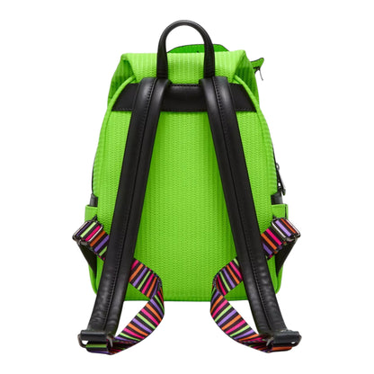 Back of Loungefly Disney The Nightmare Before Christmas Oogie Boogie Glow Mini Backpack with black straps and colorful striped ends on a white background