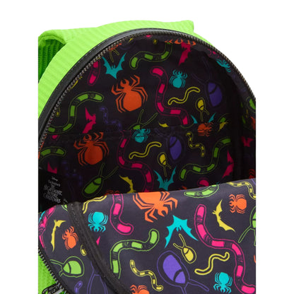 Inside of Loungefly Disney The Nightmare Before Christmas Oogie Boogie Glow Mini Backpack colorful spider and worm pattern on a black background