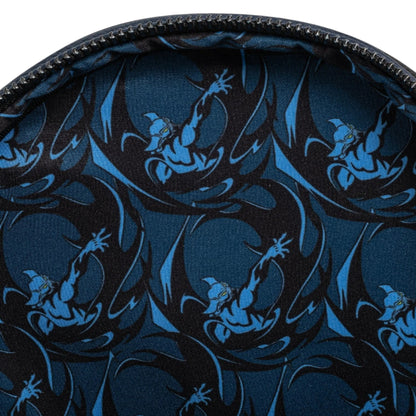 Close-up of inside of  Loungefly Disney Villains Chernabog Cosplay Mini Backpack with a pattern of blue dragons on a black background