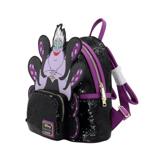 Black Sequin Ursula Backpack with a Ursula character design on a white background