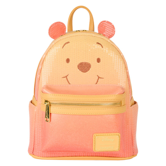 Pink Winnie the Pooh Cosplay Sequin & Glitter Mini Backpack with Winnie the Pooh face design on a white background
