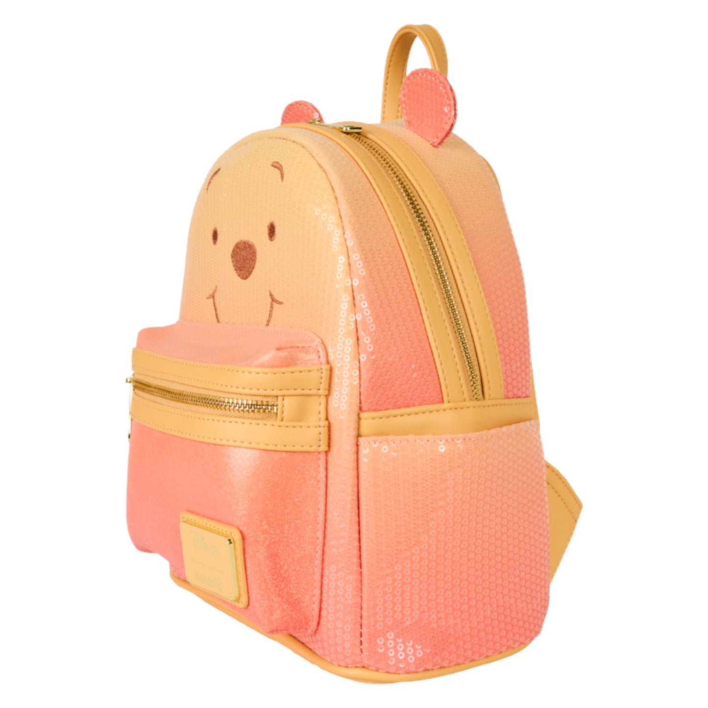 Pink and yellow Winnie the Pooh Cosplay Sequin & Glitter Mini Backpack with Winnie the Pooh face design on a white background