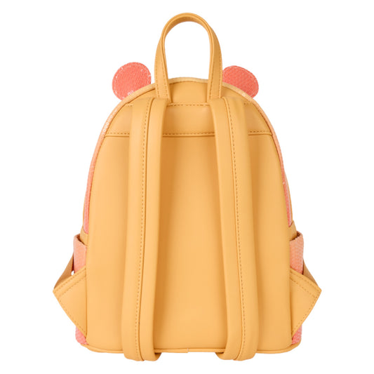 Yellow Winnie the Pooh Cosplay Sequin & Glitter Mini Backpack with pink accents on a white background