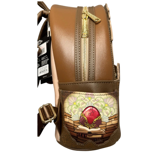 Dragon Stained Glass Mini Backpack with floral design and red gemstone on a white background