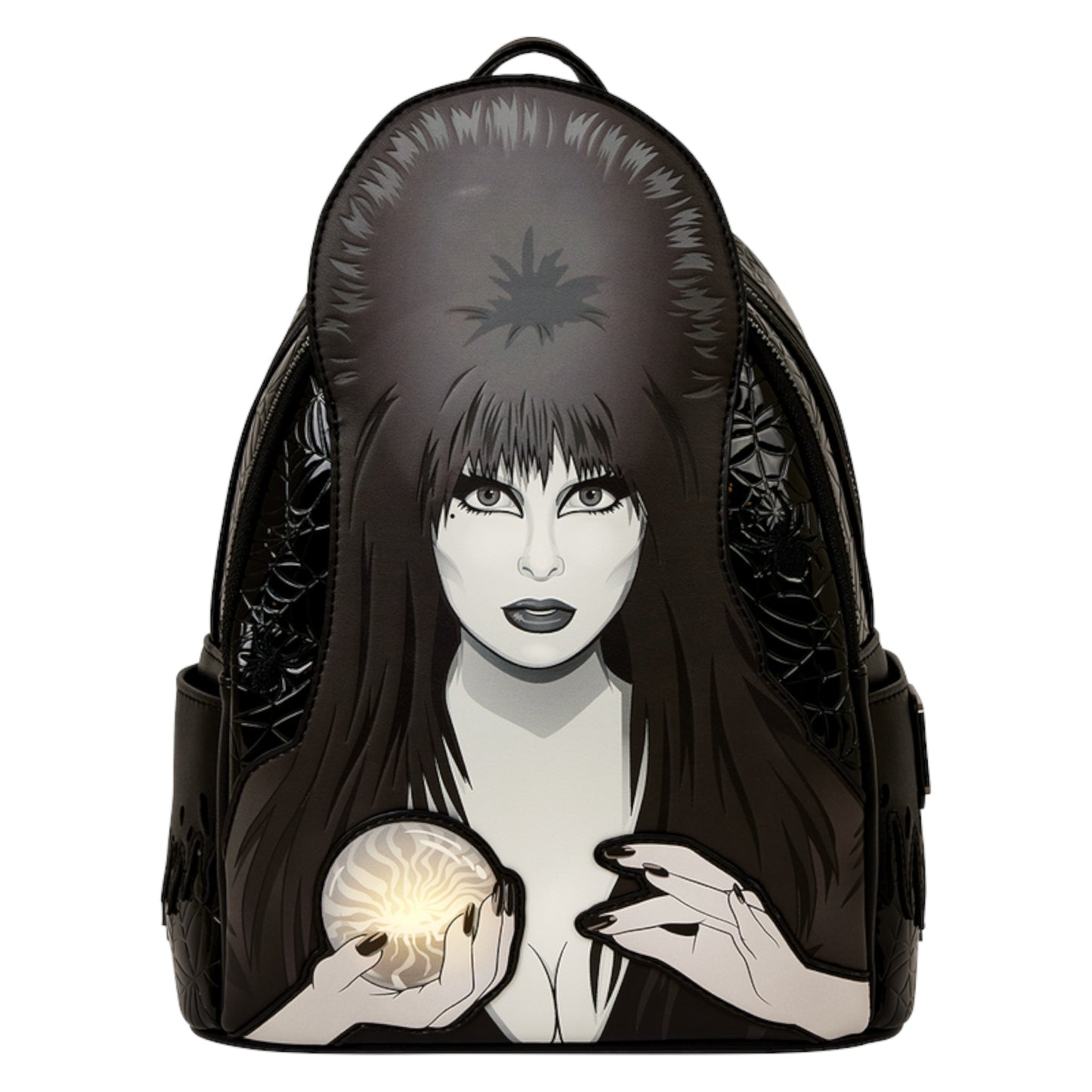 Backpack with a design of Elvira Mistress Of The Dark holding a crystal ball on a white background